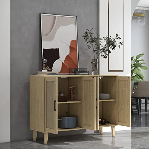 Panana Buffet Storage Cabinet with Rattan Decorating 4 Doors Living Room Kitchen Sideboard 48.43 x 34.65 x 15 inch (Natural Wood) Panana
