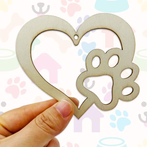 30pcs Dog Paw Heart Wood DIY Crafts Cutouts Wooden Cat Claw Heart Shaped Hanging Ornaments for DIY Projects Dog Pets Themed Party Decorations JEKEJIAJIU