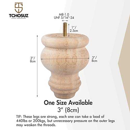 3 Inch Unfinished Wooded Furniture Legs,Tchosuz Solid Carved Bun Feet with 5/16 inch Bolt,Modern Mid-Century Sofa Couch Feet Furniture Replacement WoodArtSupply