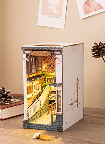 ROBOTIME DIY Book Nook Kit Decorative Bookend Insert Bookcase Book Stand Miniature House Kit with LED Light Creative Gift for Birthdays (Sakura Tram) ROBOTIME