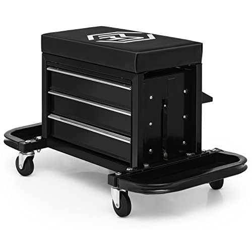 Magshion Rolling Stool with 3-Drawer Toolbox Padded Mechanic Stool Creeper Seat with Foldable Tool Tray 350 lbs Capacity Garage Workshop Stool Magshion