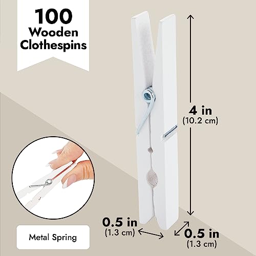 Juvale 100 Pack Wooden Clothespins for Hanging Laundry, Crafts, Photos (White, 4 in) Juvale