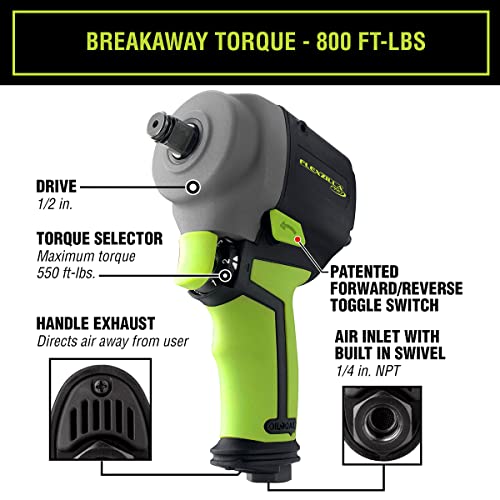 Flexzilla Pro Mini Impact Wrench, 1/2" Drive, with High Flow Ball Swivel Plug - AT1475FZ Flexzilla