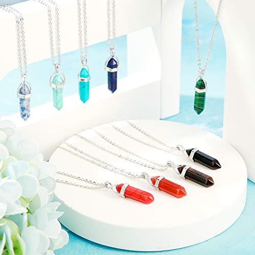 20 Pieces Hexagonal Crystal Necklaces Bullet Shape Gemstone Pendant Necklaces Quartz Stone Chain Necklaces with 20 Inch Chain and 18 Inch Leather Hicarer