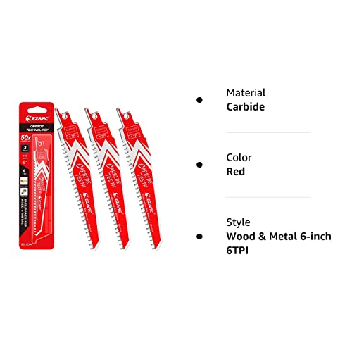 EZARC Carbide Reciprocating Saw Blades 6-Inch, Endurance Sabre Saw Blade Set for Hard Wood and Metal Demolition 6TPI, 3-Pack R656HM EZARC