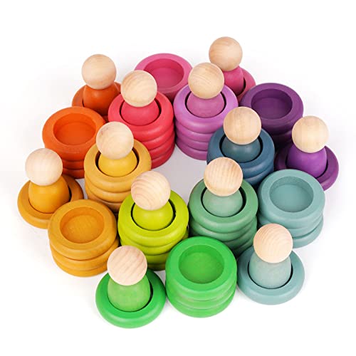 Montessori Toys Wooden Color Sorting Stacking Rings Toy Rainbow Wooden Peg Dolls Counting Toys Circular Building Blocks Stacking Game Preschool Agirlgle