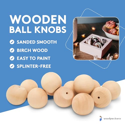 Unfinished Wood Ball Knobs 1-1/2 inch for Kitchen Cabinet Knobs, Drawer Knobs, Dresser Knobs and Crafts, Pack of 12, by Woodpeckers Woodpeckers