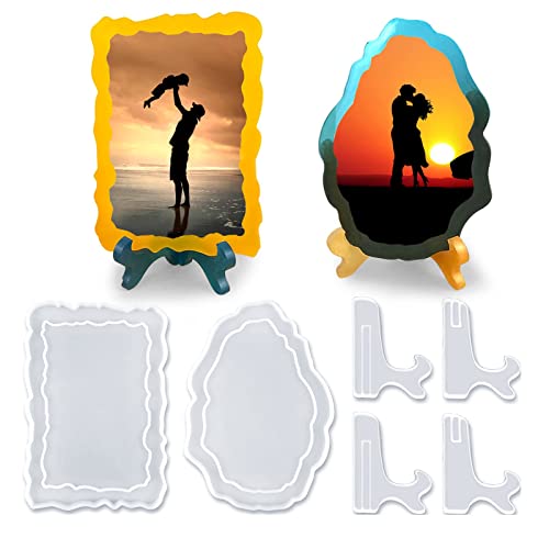 Resin Mold for Photo Frame, 2 Sets of Picture Frame Molds with Stand Holder, Rectangle & Oval of Irregular Edge Silicone Epoxy Molds for DIY Actvty