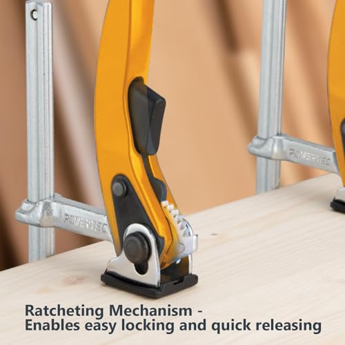 POWERTEC 71542V Quick Release Ratcheting Table Clamp for MFT and Guide Rail System, 7" Capacity (178mm) x 2-3/8" Throat Depth, 2 PK POWERTEC