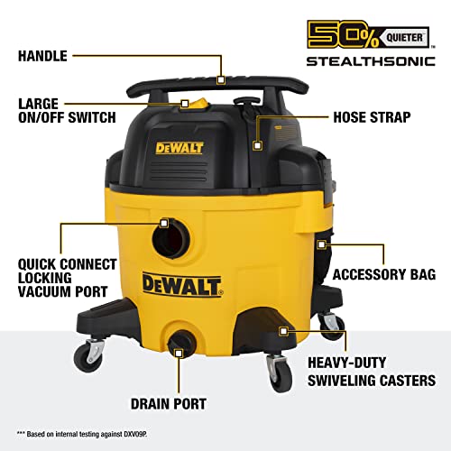 DEWALT 9 Gallon STEALTHSONIC Poly Wet/Dry Vacuum, DXV09P-QTA Newest Noise Reduction Vac, Heavy Duty Shop Vacuum for Jobsite/Workshop, Reduce Motor DEWALT