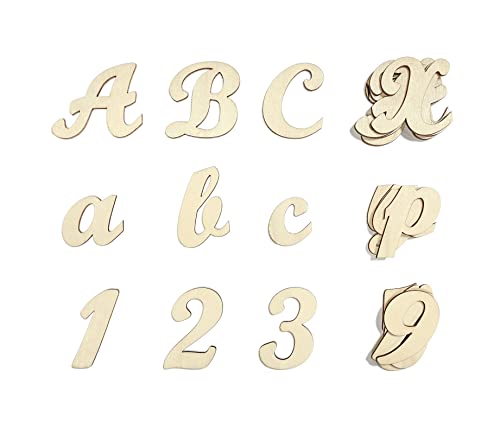 2 Inch 458 Pcs Wooden Cursive Letters Numbers Crafts Unfinished Wood Alphabet Letters ABCs Numbers 0-9 with Extras for Wall Decor Cregugua