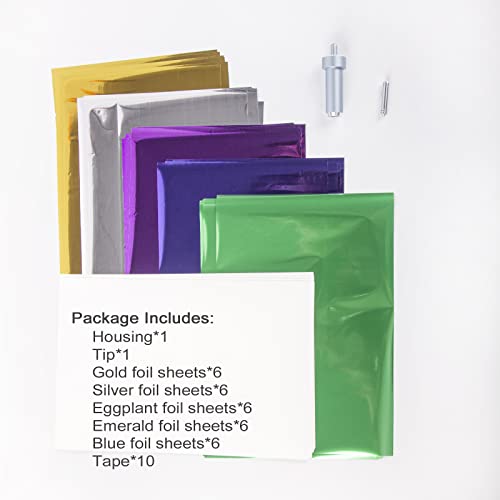 Likart Foil Transfer Kit for Joy, with Foil Transfer Housing, 1 Tip, 30 Pcs Foil Transfer Sheets(Gold/Silver/Eggplant/Emerald/Blue), 10 Pcs Tape LIKART