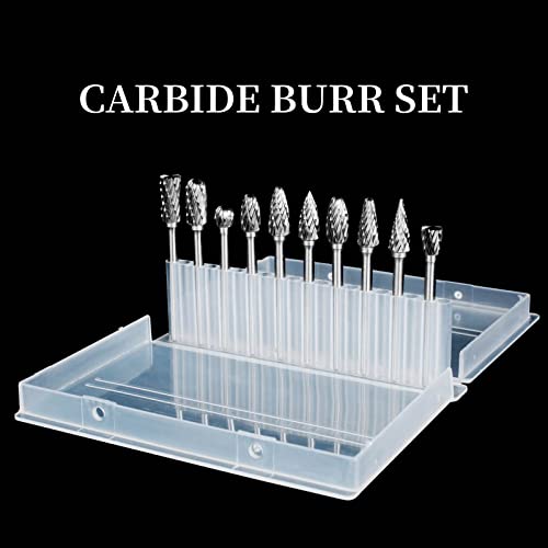 Carbide Burr Set, Die Grinder Bits, 10 PCS 1/8" Shank Double Cut Tungsten Carbide Rotary Burrs Set Compatible with Dremel Bits for Metal Wood Carving Semderm