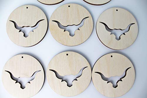 ALL SIZES BULK (12pc to 100pc) Unfinished Wood Wooden Circle Round with Longhorn Steer Cow Laser Cutout Circle Dangle Earring Jewelry Blanks Charms Texan Wood Crafts