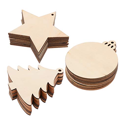 SEWACC 30 Pcs Wooden Christmas Ornaments Unfinished Wood Crafts with Hole Star Mini Christmas Tree Christmas Ball Wood Ornaments Wood Slices DIY SEWACC