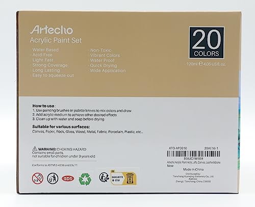 Artecho Professional Acrylic Paint Set, 20 Primary Colors (120ml / 4.05oz) Tubes, Art Craft Paints for Canvas, Rock, Stone, Wood, Fabric, Art Artecho