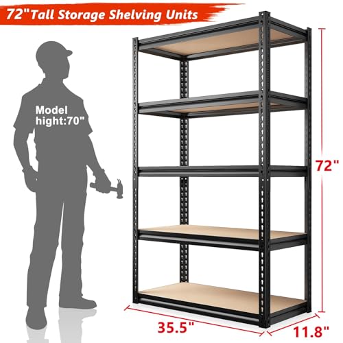 REIBII Heavy Duty 72" Adjustable Garage Shelving Unit - 5 Tier Metal Storage Shelves, 2000LBS Capacity REIBII