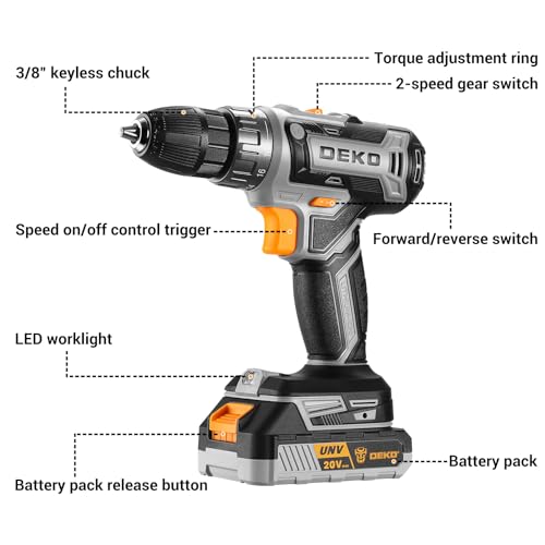 Power Drill Cordless: DEKO PRO Cordless Drill 20V Electric Power Drill Set Tool Drills Cordless Set with Battery and Charger 20 Volt Drill Driver Kit DEKOPRO