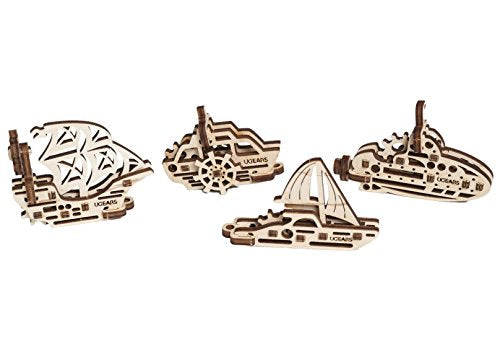 UGEARS 70035 U-Fidgets Schiffe Pieces-Set of 4 Anti-Stress 3D Puzzle-Self-Assembly 4 Mini Miniature Mechanical Models-Plywood Construction kit UGears