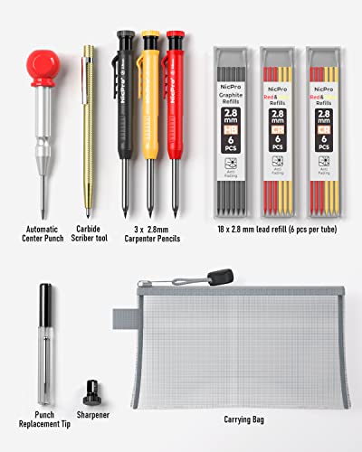 Nicpro 10 Pack Carpenter Pencil Set with Sharpener, Mechanical Carpenter Pencils with 21 Refill, Automatic Center Puncha and Carbide Scribe Tool, Nicpro