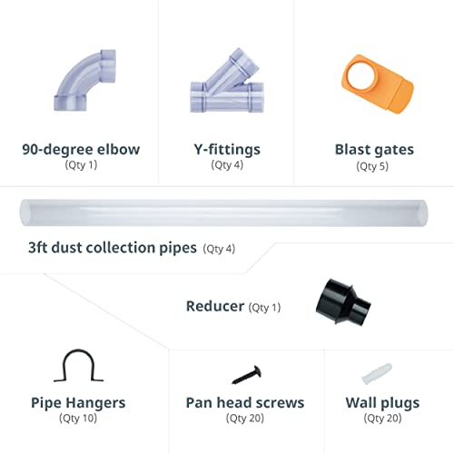 POWERTEC 70304 2-1/2” Dust Collection Fittings Network w/Reducer, Blast Gates, Pipes, 90-Degree Elbow Connector, Y-fittings, Mounting Brackets POWERTEC