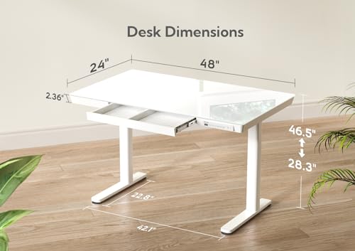 Claiks Glass Standing Desk with Drawers, 48×24 Inch Adjustable Stand Up Desk, Quick Install Home Office Computer Desk with USB Ports, White Claiks