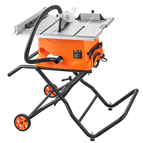 VEVOR Table Saw with Stand, 10-inch 15-Amp, 25-in Max Rip Capacity, Cutting Speed up to 5000RPM, 40T Blade, Portable Compact Jobsite Tablesaw with VEVOR