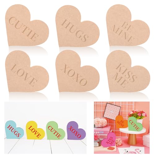 Whaline 6Pcs Valentine's Day Conversation Heart Table Wooden Sign Unfinished Love Heart Wood Slice Double-Sided Heart Tabletop Centerpiece for Whaline