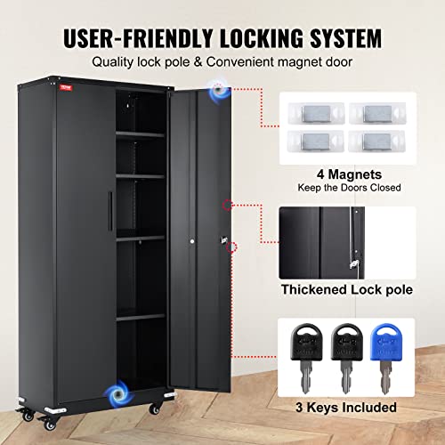 VEVOR Metal Storage Cabinet with Wheels, 75'' Locking Steel Storage Cabinet with 2 Magnetic Doors and 4 Adjustable Shelves for Office, Garage, Home VEVOR