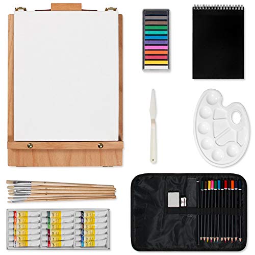 Kuyal Art Kit, 45 Piece Wooden Paint Set Crafts Drawing Painting Kit with Box Easel and 18 Acrylic Oil Paint Colors, 12 Color Pencil Etc. for Teens Kuyal