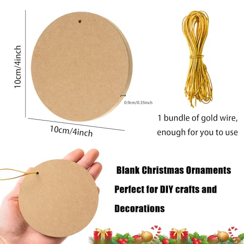 36 Pcs Wooden Christmas Ornaments Unfinished MDF Wood Round Cutouts with Hole 3.9 Inch Blank Round Wood Discs Slices with Twine for DIY Crafts Xmas FOBSME