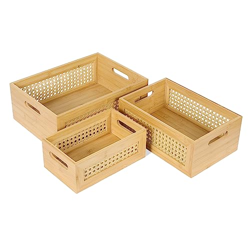 ANMINY 3 PCS Natural Bamboo Storage Bins Set Faux Rattan Frame Wicker Storage Baskets with Handles Sundry Office Drawer Desk Decorative Laundry ANMINY