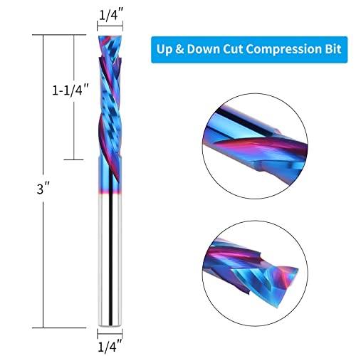 EANOSIC Compression Spiral Router Bits 1/4" Shank,1-1/4" Cutting Length, Extra Long 3 Inch, Carbide UP Down Cut CNC Router Bits End Mill for Wood EANOSIC