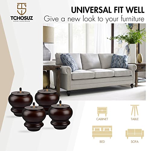 TCHOSUZ 3 inch / 8cm Wooden Furniture Legs, Pack of 4 Classic Walnut Solid Wood Turned DIY Replacement Bun Feet with M8 Hanger Bolts & T-Nuts for TCHOSUZ