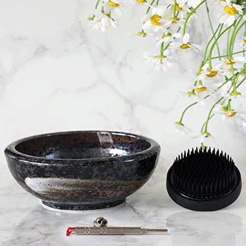 Wazakura Made in Japan Ikebana for Beginners Tool Kit, Minoyaki Black Flower Vase, 2.4in (61mm) Black Kenzan Holder, Cleaner (Minoyaki Black Vase, Wazakura