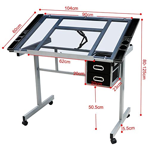 Yaheetech Drawing Desk Adjustable Glass Drafting Study Table For Diamond/Versatile Art Craft Station w/ 2 Slide Rolling Wheels and Drawers for Artist Yaheetech