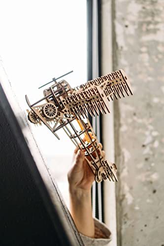 Wood Trick Bi-Plane Toy Kit, Wooden Toy Plane - Mechanical Model Plane Mini - 3D Wooden Puzzle, Assembly Model - STEM Toys for Boys and Girls - 3D Wood Trick