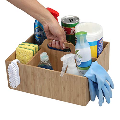 MobileVision Bamboo Multi-Purpose Caddy with Handle, 3 Sections, Sturdy Durable Carrier for Cleaning Supplies, Spray Bottles, Towels, Sponges and MobileVision