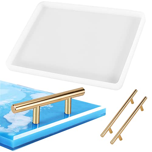 DSHE Silicone Mold Tray Geode 1pcs Agate Platter Molds and 2pcs Gold Handles, Epoxy Resin Casting Molds for Making Faux Agate Tray,Serving Board DSHE