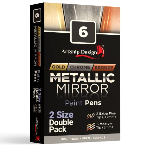 6 Chrome, Gold, & Bronze Mirror Paint Pens, Double Pack of Both Extra Fine & Medium Tip Paint Markers for Cards, Posters, Rock Painting, Mugs, ArtShip Design
