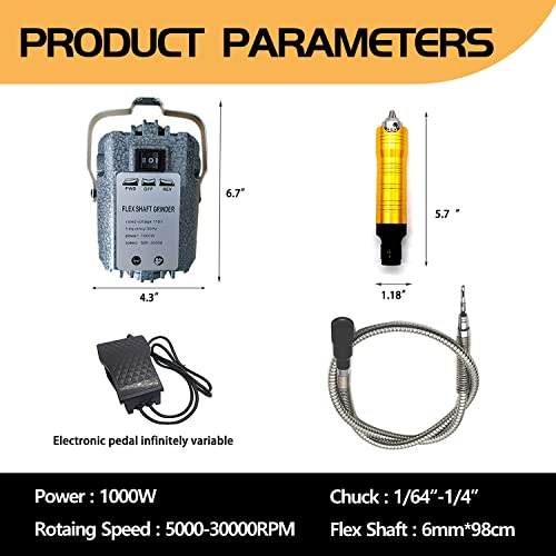 TUNTROL 1000W 30000RPM Flex Shaft Rotary Tool, Thicken 1/4" Flexible Shaft with Stepless Speed Foot Pedal, Hanging Grinder Carver Electric TUNTROL