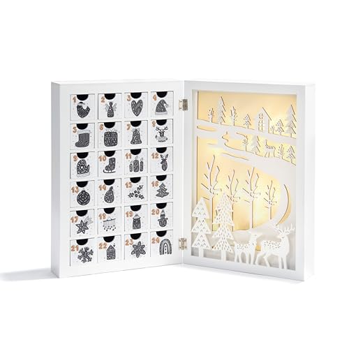 Wooden Advent Calendar with Drawers, 12 Inch Reusable Advent Calendar with Lights, White Wood, Battery Operated, Empty Boxes to Fill, Decorative Fold LampLust