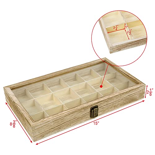 MOOCA Wooden Display Storage Case with Tempered Glass Lid for Jewelry and Beads with 18 Compartments Tray, 15 W x 8 3/8 L x 2 1/8 H in, Oak Color MOOCA
