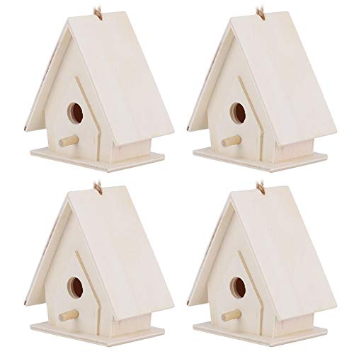 Outdoor Bird Houses, Wooden Birdhouse, 4Pcs Mini Hanging Wooden Bird House with Pole, Bird Nests Cage Ornament Crafts, for Garden Courtyard Decor Haofy