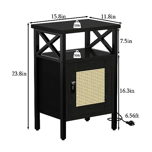 runjuly Rattan Nightstand with Lock, End Table with Charging Station, Side Table with Door and Open Shelf, Modern Wooden Bedside Table for Bedroom, runjuly