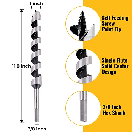 SOMADA 1-Inch x 12-Inch Auger Drill Bit for Wood, Hex Shank 3/8-Inch, Ship Auger Long Drill Bit for Soft and Hard Wood, Plastic, Drywall and SOMADA