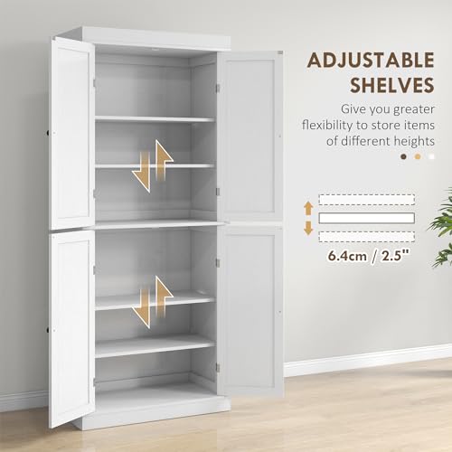 HOMCOM 72.5" Kitchen Pantry Storage Cabinet, Freestanding Kitchen Cabinet with 4 Doors and Adjustable Shelves for Dining Room, White Wood Grain HOMCOM