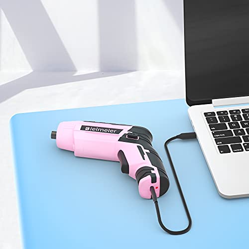 Bielmeier Pink Electric Screwdriver Kit 5N.m,4V Lithium-ion Battery Cordless Mini Drill Set Rechargeable with LED Light and USB Charge Cable,27pcs BIELMEIER