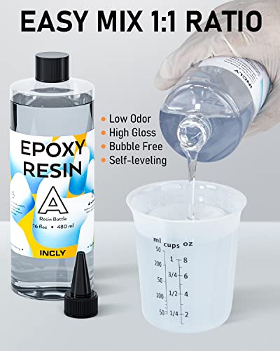 INCLY 32OZ Crystal Clear Epoxy Resin Kit, High Gloss & Bubbles Free Resin Supplies For Coating and Casting, Table Top, Countertop, River Table, Wood, INCLY