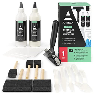 Arteza Decoupage Glue Craft Kit, 1 Gloss-Finish Glue and 1 Matte-Finish Glue, 8-oz Bottles, Foam Brushes, Plastic Spreader Tools, Gloves, Art